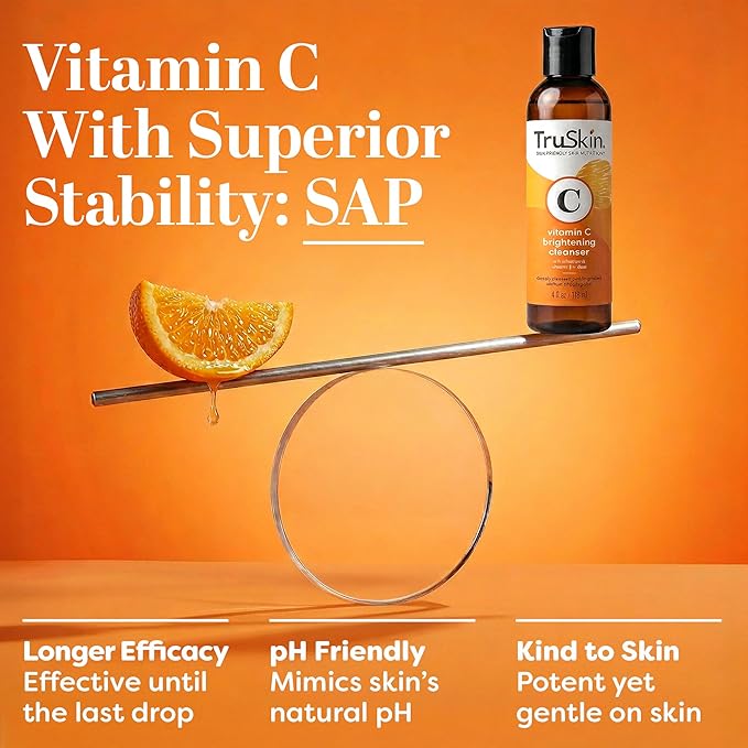 TruSkin Vitamin C Face Wash Cleanser - Brightening Facial Cleanser with Vitamins C & E, Rosehip Oil, Aloe Vera & MSM - Gently Cleanses, Refreshes & Supports Radiant Skin - 4 fl oz