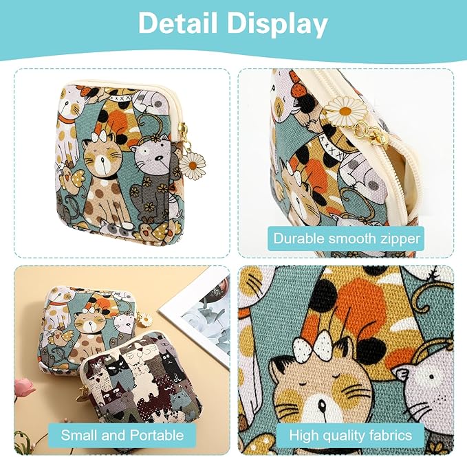 Amabro Sanitary Napkin Storage Bag, 2PCS Period Bags Cute Sanitary Pad Storage Pouch Tampon Pantyliners Menstrual Purse Daisy Zipper for Women Teen Girls School Travel Feminine Product(Cat)