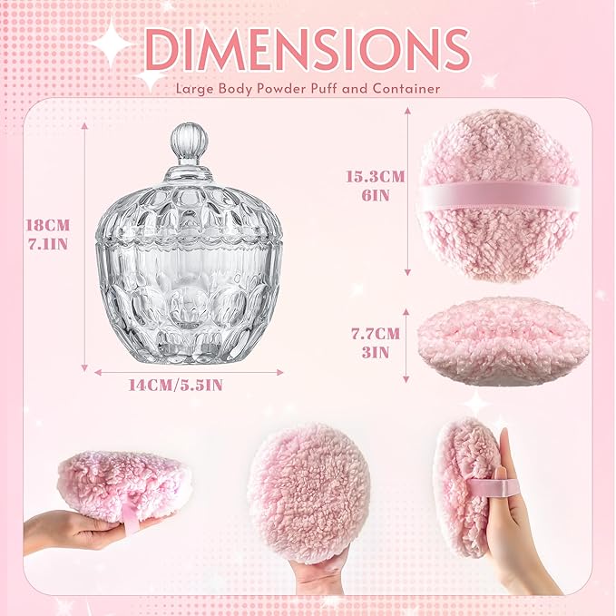 kanpura 2 Pcs Extra Large Body Powder Puff and Container Clear 6 Inch Body Powder Puff and Crystal Container for Baby Women Reusable, Washable, Wet and Dry Makeup