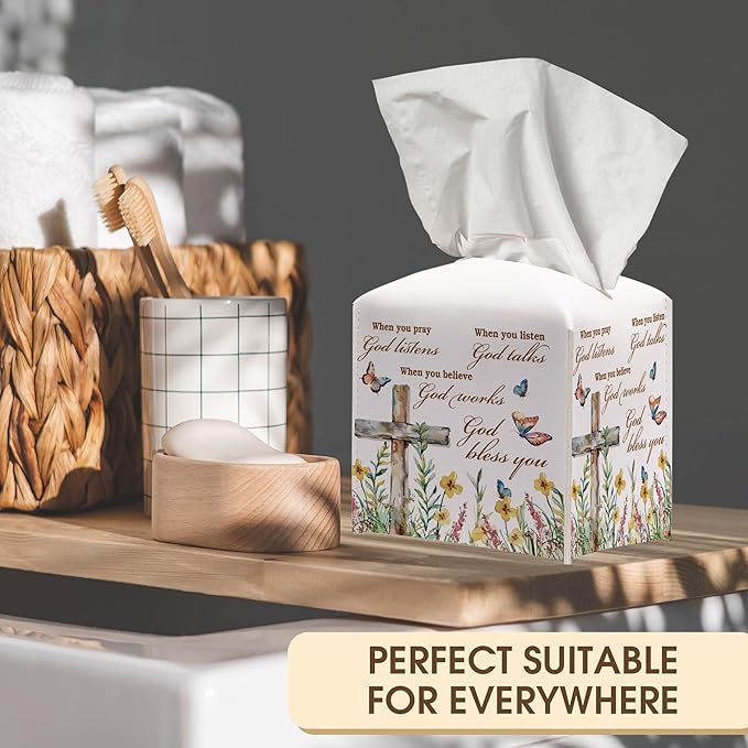 Christian Decorative Tissue Box Cover Square, Floral Napkin Tissue Box Holder, Religious Faith Gift Ideas for Family Friends, Home Kitchen Dining Table Decor-(5.2 Inches) A01