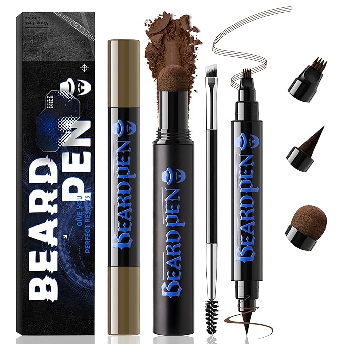 Noerrors Beard Filler Pencil Kit Dual End 4 Tips Beard Pen and Brush Set Hairline Moustache Eyebrows Filling Shaping Styling Makeup Tools Waterproof Longlasting For Men #Brown