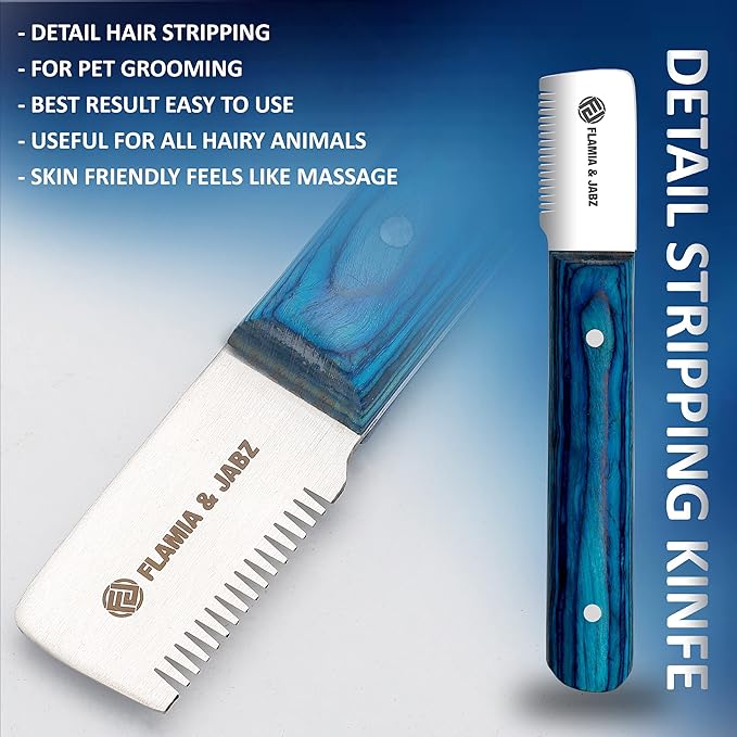 FLAMIA & JABZ FJ Professional Stripping Knife kit (6 pieces set) for Dogs & Pets, Wooden Handle Grip with Stainless Steel Blade (Right handed) (Blue)