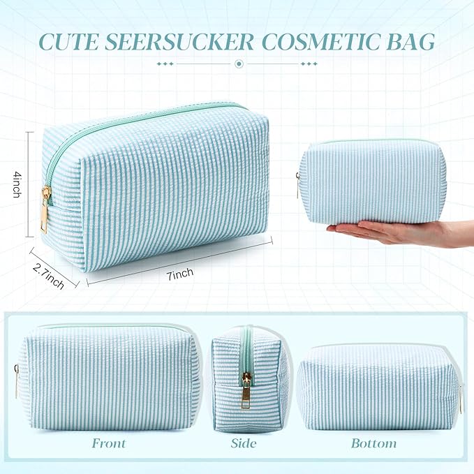 Sanwuta 6 Pcs Seersucker Cosmetic Bags Bulk Seersucker Makeup Bags Stripe Women Pouch Large Preppy Storage Pouch Toiletry Travel Organizer for Wedding Bridesmaid Bride Favor Mom Gift (Lake Blue)
