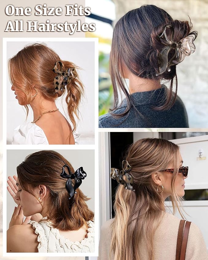 Mesovor 4 Pack Cute Bow Claw Clip for Women, Nonslip Large Matte Strong Hold Bows Hair Clips for Thin and Thick Hair | Chic Hair Styling Accessories (4.1" Black, Leopard)