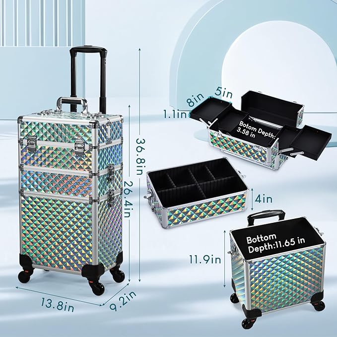 FRENESSA Rolling Makeup Case Cosmetology Case on Wheels 3 in 1 Cosmetic Trolley Large Storage Organizer Salon Barber Case Traveling Cart Trunk for Esthetician Nail Tech Mobile Stylists, Blue