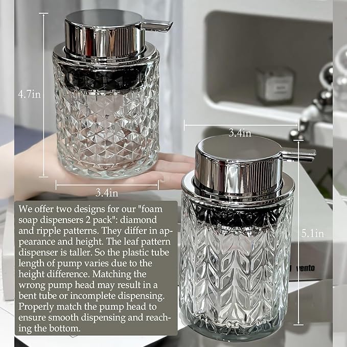 Foaming Hand Soap Dispenser, Glass Foam Soap Dispenser or Lotion Dispenser for Kitchen & Bathroom Refillable Clear Glass Liquid soap Dispenser with Large Silver Pump-1 Pack