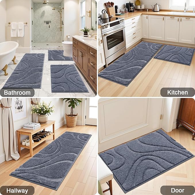 HEBE Bathroom Rug Sets 3 Piece, Non Slip Shower Mats with U-Shaped Contour Toilet Mat, Absorbent Microfiber Bath Mats for Bath Rugs, Washable Shaggy Floor Carpet, Dark Grey