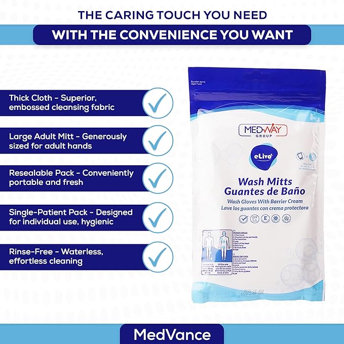 MedVance Fragranced Large and Durable Wash Mitts | Rinse Free Microwaveable Adult Bed Bath Durable Skin Cleansing Cloths | Wet Wash Gloves | Incontinence Wash Cloths | 24 Count