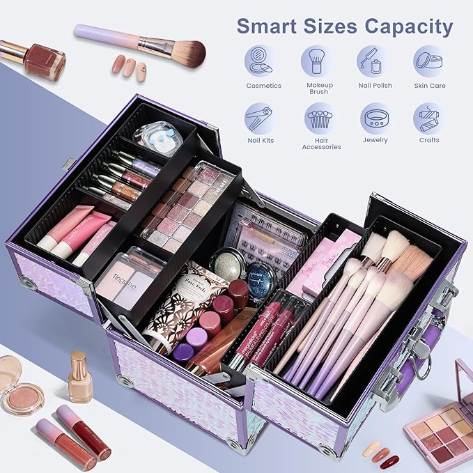 FRENESSA Makeup Case Organizer Makeup Box Cosmetic Train Case Portable Make Up Artist Travel Case Storage Box 4 Trays with Dividers Lockable Hard Train Case Nail Tech Supply Storage Shiny Purple