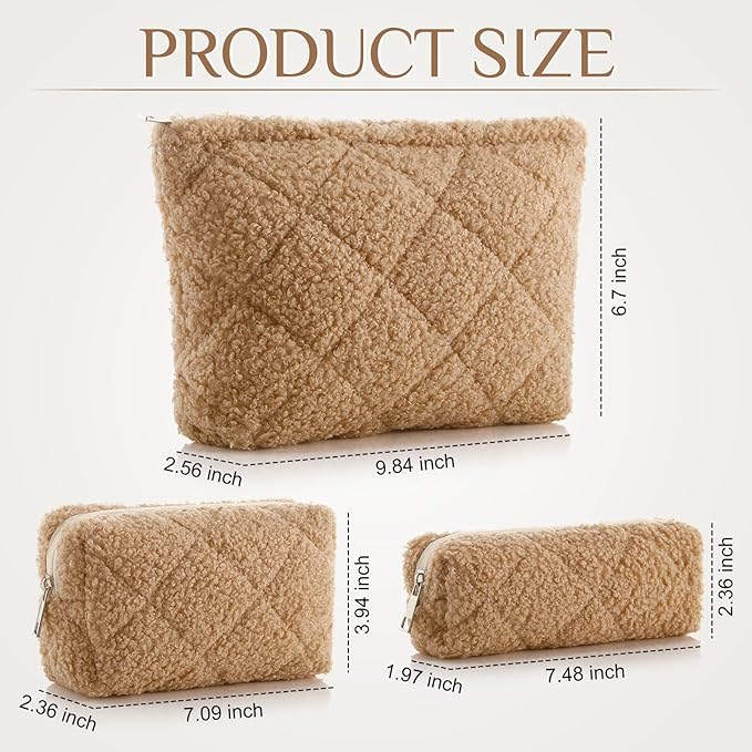 Paterr 3 Pcs Quilted Makeup Bag Set Small Bridesmaid Cosmetic Bag Aesthetic Travel Toiletry Pouch Cute Purse Pencil Case Makeup Storage Organizer for Women Birthday Gifts(Fuzzy,Khaki)