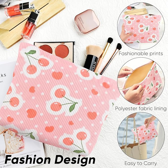 Cute Cherry Makeup Pouch for Women Red Heart Small Make Up Bag for Purse Zipper Initial Makeup Cosmetic Bags Pouches for Purse Aesthetic Travel Toiletry Bags, Pink Cherries Hearts