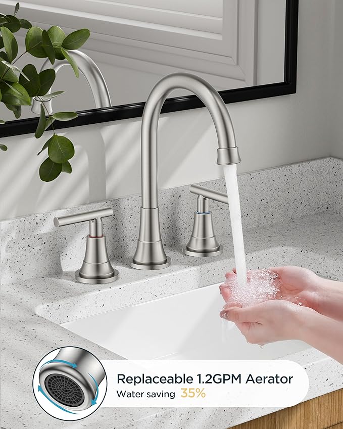 FORIOUS Brushed Nickel Bathroom Faucet 3 hole, 2 Handle 360° Swivel Gooseneck 8 Inch Widespread Bthroom Sink Faucet Brushed Nickel 3 Hole with Hot and Cold Water Hose, Farmhouse Restroom renovation