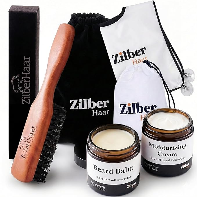 ZilberHaar - Beard Care Kit for Men - 1 Regular Beard Brush + 1 Beard Balm + 1 Moisturizing Cream + 1 Beard Bib - Stiff Boar Bristles and Beech Wood - Supplied in a Velvet Bag