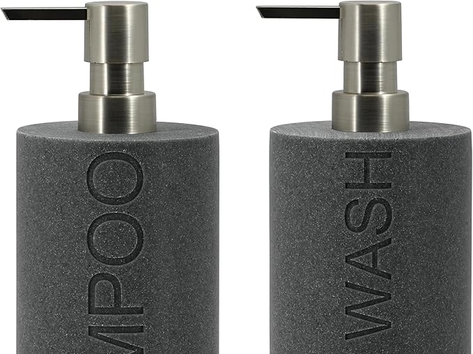 Resin 2 Pack Shampoo, Conditioner or Body Wash Dispenser Set, Luxurious Refillable Pump Bottles with Matte Pump Top and Embossed Text, Durable Design for Bathroom and Shower