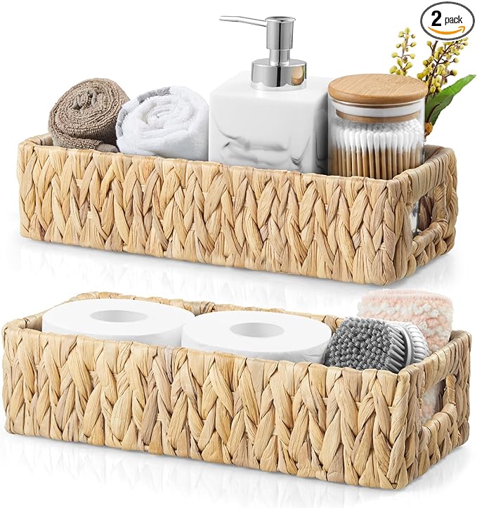 dreamkey Nesting Wicker Storage Baskets for Organizing with Handles - Small HandWoven Water Hyacinth Toilet Paper Basket for Back of Toilet Tank Top - Storage Baskets for Coutertop Organizer, 2 Pack