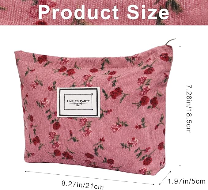 1pcs Floral Makeup Bag for Women Travel Cosmetic Pouch Toiletry Organizer for Skincare Brushes and Daily Essentials 8.27x7.28x1.97 inch(Flower-1, Rose)
