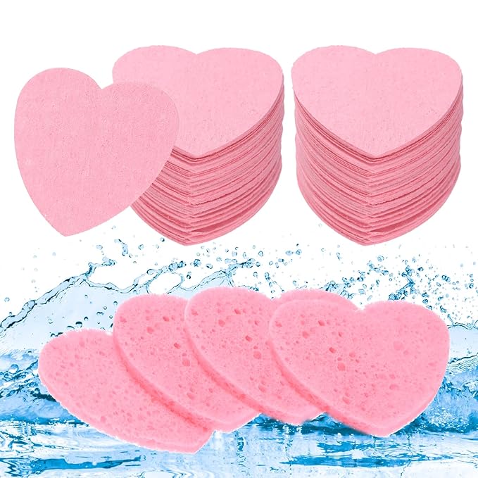 uxcell 120 Count Compressed Facial Sponges Heart-Shaped Face Cleansing Sponges Pads for Daily Skincare Routines at Home, Kitchen, Travel, Pink