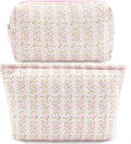 2Pcs Small Makeup Bag Quilted Cosmetic Bag Flower Pencil Case Travel Makeup Bag Set for Women Cute Cosmetic Pouch Aesthetic Cotton Toiletry Organizer Storage Bags Puffy Zipper Pouch Christmas Gifts C