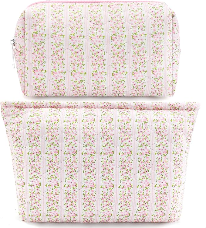 2Pcs Small Makeup Bag Quilted Cosmetic Bag Flower Pencil Case Travel Makeup Bag Set for Women Cute Cosmetic Pouch Aesthetic Cotton Toiletry Organizer Storage Bags Puffy Zipper Pouch Christmas Gifts C