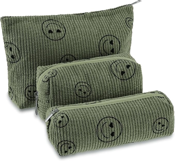 3 Pcs Makeup Bag Set for Women Corduroy Cosmetic Pouch Aesthetic Smile Travel Toiletry Bag Cute Purse Pouch Pencil Case Makeup Brushes Storage Organizer with Zipper(Army Green,Smile Face)