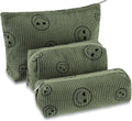 3 Pcs Makeup Bag Set for Women Corduroy Cosmetic Pouch Aesthetic Smile Travel Toiletry Bag Cute Purse Pouch Pencil Case Makeup Brushes Storage Organizer with Zipper(Army Green,Smile Face)