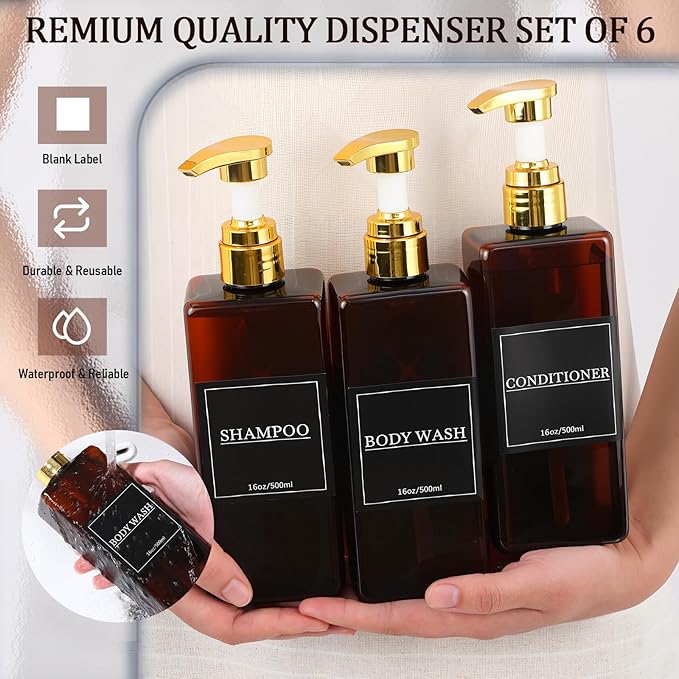 Gejoy 12 Pack Amber Shampoo and Conditioner Dispenser Bottles, 17 Oz/ 500ml Refillable Empty Pump Bottles with Labels and Marker Pen, Plastic Square Pump Dispenser Bottle for Bathroom Body Wash Shower