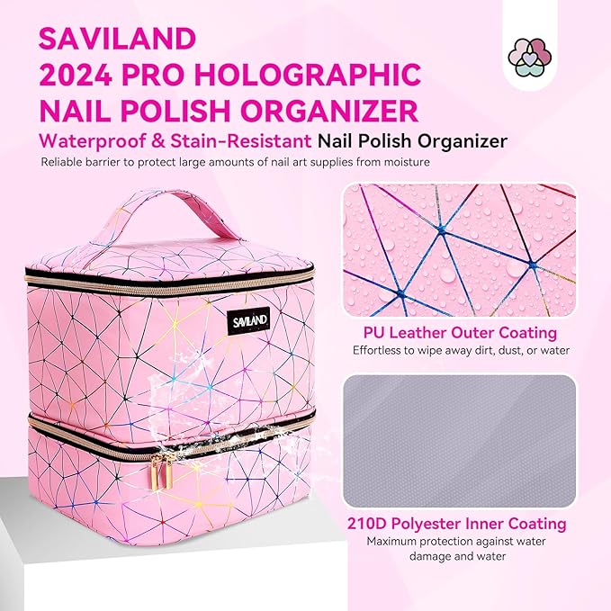 SAVILAND Nail Polish Organizer Bag: PU Leather Nail Polish Storage Organizer Holds 30 Bottles & Nail Lamp, Nail Polish Holder Travel Carrying Case Box Nail Tech Organizer Storage Bag for Nail Supplies