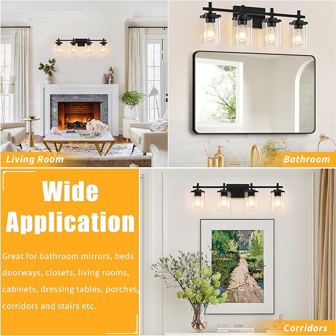 4-Lights Matte Black Bathroom Light Fixture, Modern Black Vanity Lights Over Mirror with Clear Glass Shade, Bathroom Wall Mounted Lamp for Mirror Living Room Hallway Cabinet