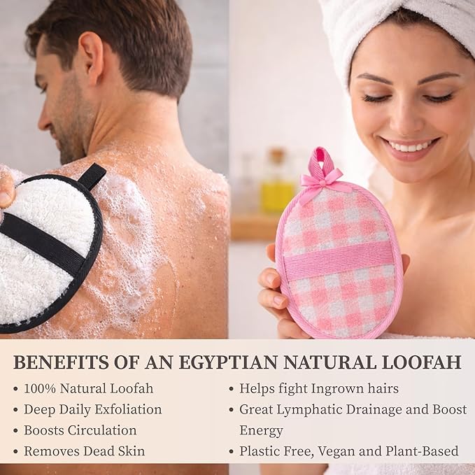 CraftsOfEgypt 4-Pack Natural Egyptian Loofah Exfoliating Body Scrubber Sponges for Men and Women, Bath Shower Loofahs for Face Back & Body, Individual Loofahs for Couples – 2 for Men, 2 for Women