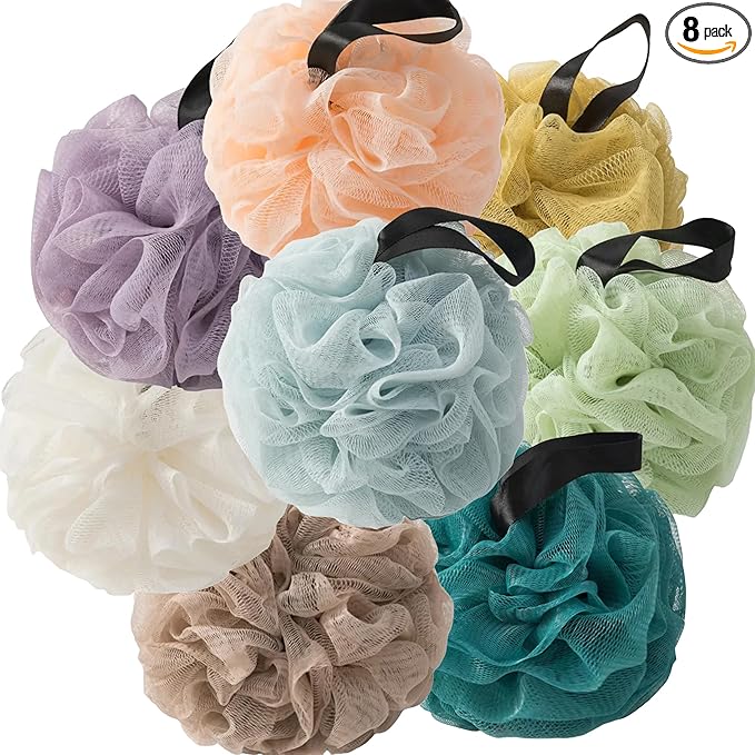 Loofah Sponges for Shower,Everything Light 8 Pack - Blue, Purple, Light Green, Beige, Orange, Yellow, Peacock Green & Khaki