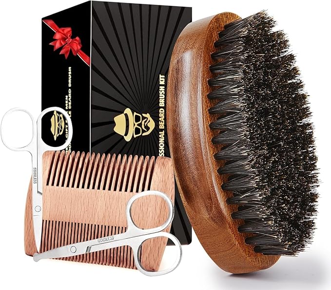 Sosoon Beard Brush for Men, 100% Pure Boar Bristle Beard Brush, Beard Grooming Set Including Beard Comb, 2 Pcs Mustache Scissors, and Travel Bag