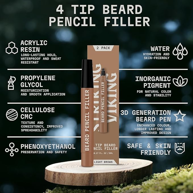 Striking Viking Beard Pencil Filler for Men - Light Brown, 2 Pack - Temporary Beard Dye - Waterproof Sweatproof Long Wear Beard Filler Pen for Touchups & Gap Contouring - Enhances Facial Hair