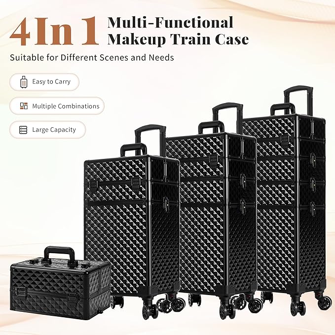 AROUS Rolling Makeup Train Case 4 in 1 Cosmetology Case on Wheels Large Storage Cosmetic Trolley with Key Salon Barber Case Traveling Cart Trunk, Black