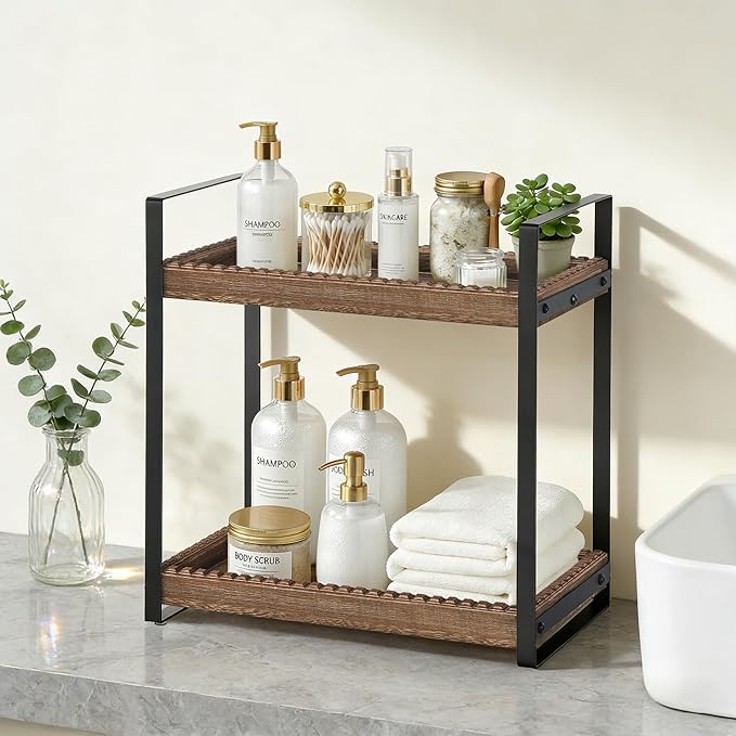 2 Tier Bathroom Organizers and Storage, Farmhouse Countertop Organizer for Bathroom Storage, Makeup Organizer for Decor, Wood Shelf for Skincare Kitchen Coffee Bar, Vanity Accessories (Dark Brown)