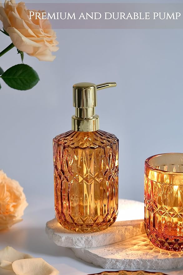 Amber Bathroom Accessories Set, 5Pcs Clear Glass Bathroom Sets, Hand Soap Dispenser, Soap Dish, Toothbrush Holder Set, Qtips Holder for Crystal Vintage Bath Decor, Set