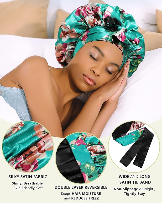 AWAYTR Satin Bonnet Silk Hair Bonnets for Women Curly Hair Wrap Sleeping Cap Reversible with Tie Band Night Cap (Green + Black) 7 7/8-8