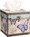Sumnacon Tissue Box Retro Wood Square Tissue Box Cover Vintage Cube Tissue Box Holder,Decorative Tissue Holder for Bedroom Bathroom Toilet Table Desk Car Store Office Home,Beige White+Blue