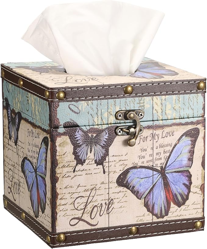 Sumnacon Tissue Box Retro Wood Square Tissue Box Cover Vintage Cube Tissue Box Holder,Decorative Tissue Holder for Bedroom Bathroom Toilet Table Desk Car Store Office Home,Beige White+Blue