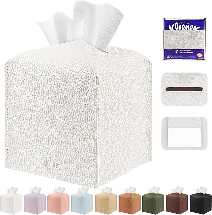Tissue Box Cover Holder Square Tissue Cube Cover PU Leather Tissue Organizer with Bottom Belt for Bathroom, Tabletop, Car, Night Stands, Office, Home, Kitchen (1, White)