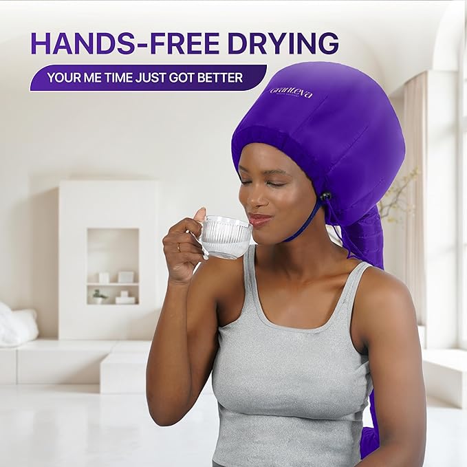 Bonnet Hair Dryer Attachment w/A Headband Integrated that Reduces Heat Around Ears & Neck - Diffuser Cap for Hair Dryer Curly Hair, Speeds Up Drying Time, Deep Conditioning at Home - Large (Purple)