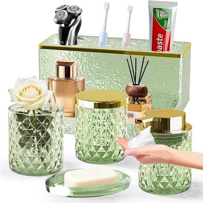 Glass Bathroom Accessories Set 5Pcs Crystal - Foaming Soap Dispenser, Soap Dish, Cup, Acrylic Toothbrush Holder with Tray Organizer, Qtip Jar, Bathroom Counter Set Sink Decor (Green)