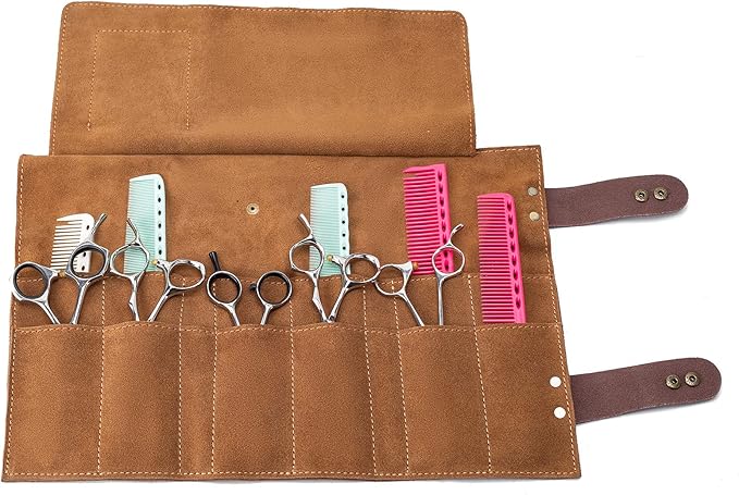 Hair Stylist Scissor Holder Pouch Cases for Hairdressers, Real Leather Scissor Roll Up Bag, Salon Tools Organizer for Barber Hairdresser (V-001-Brown)