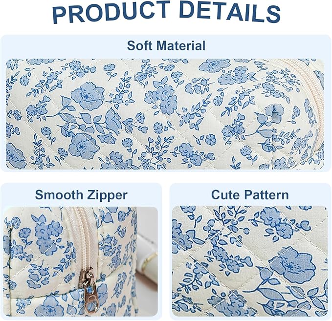 Quilted Makeup Bag Floral Cotton Make up Bag Puffy Coquette Makeup pouch Aesthetic Cute Travel Toiletry Bag for Women Girls