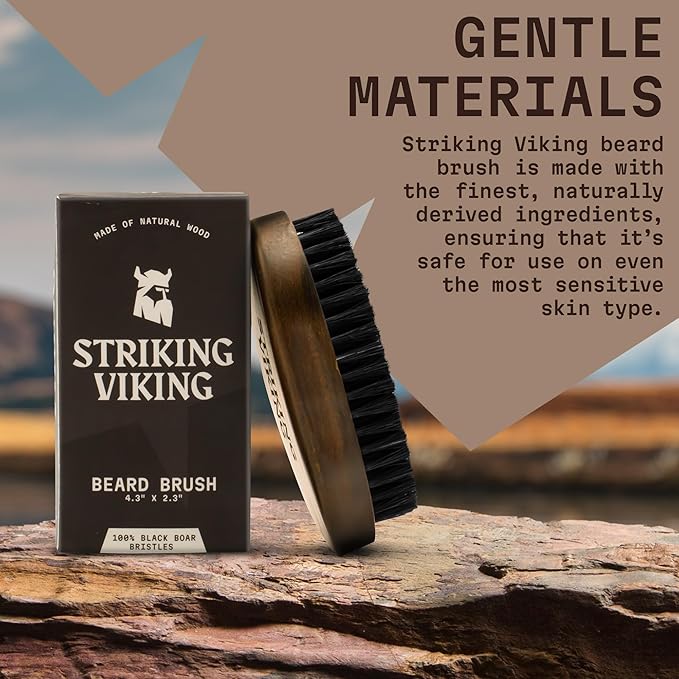 Striking Viking Beard Brush for Men - 4.3 in Beech Wood Handle, Brown - Boar Bristle Beard Brush & Grooming Comb - Travel Size Pocket Groomer