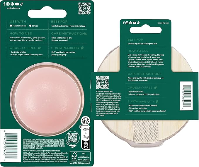 EcoTools Deep Cleansing Facial Brush, Makeup Remover Tool + Dry Brushing Body Brush for Circulation, Cellulite Massage, Dead Skin Removal, Self-Care Gifts, Natural Beige, Synthetic