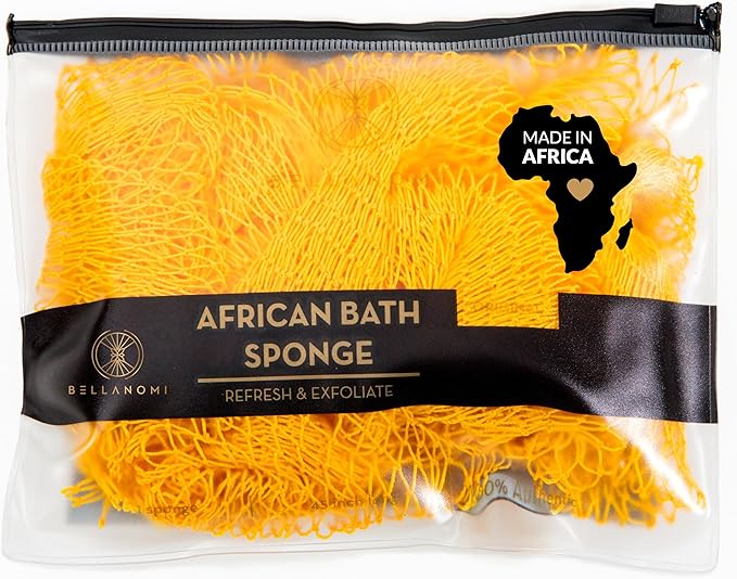 BELLANOMI African Exfoliating Net Sponge, Authentic, Ethically sourced from Nigeria, 45 inches Long, Back Scrubber for Daily use (Yellow)