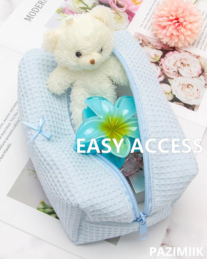 PAZIMIIK 6PCS Cozy Makeup Bag Travel Cosmetic Bag for Women Soft Toiletry Bag Aesthetic Makeup Organizer Portable Large Zipper Pouch for Skincare Beauty Accessories Brushes Waffle Check Blue