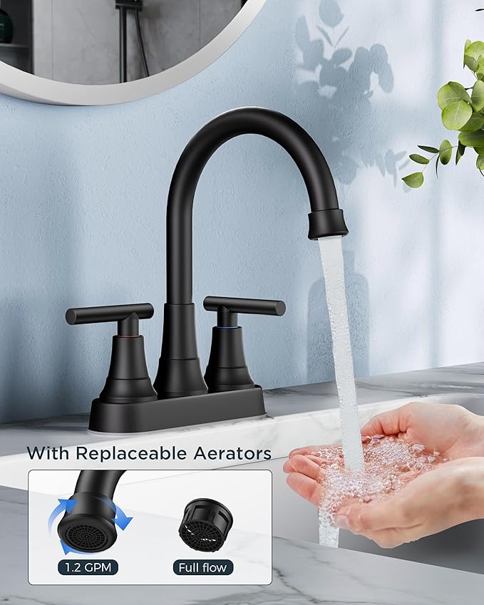 FORIOUS Matte Black Bathroom Faucets, 4 Inch Centerset Bathroom Sink Faucet 2 or 3 Hole with Pop up Drain and cUPC Hose, Two Handles Control, 360° spout for Restroom,Vanity, RV, 2 Pack
