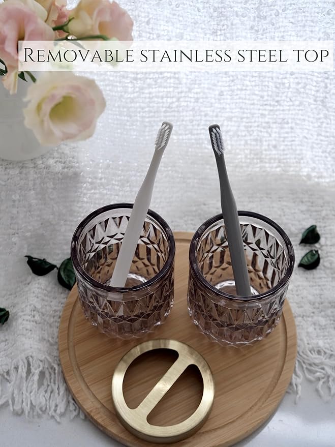 Gray Bathroom Accessories Set, 5Pcs Clear Glass Bathroom Sets, Soap Dispenser, Soap Dish, Toothbrush Holder Set, Cotton Swab Jar, Black and Gold Accent for Vintage Bathroom Decor, Gift Set