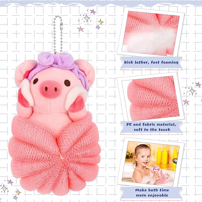 Vesici 2 Pcs Loofahs for Kids Children's Bath Loofahs Girls Toddler Cute Cartoon Bath Sponges Loofah Pouf Body Scrubber Mesh Sponges for Shower Washing Exfoliating(Pig,Cow)